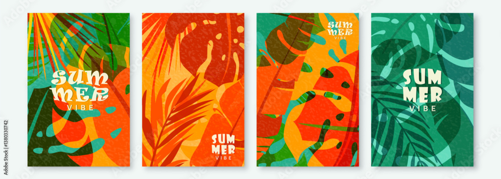 Summer tropic pattern set background. Tropical jungle leaves poster design with retro modern texture. Exotic abstract nature card in creative style. Palm tree, monstera, banana vector illustration