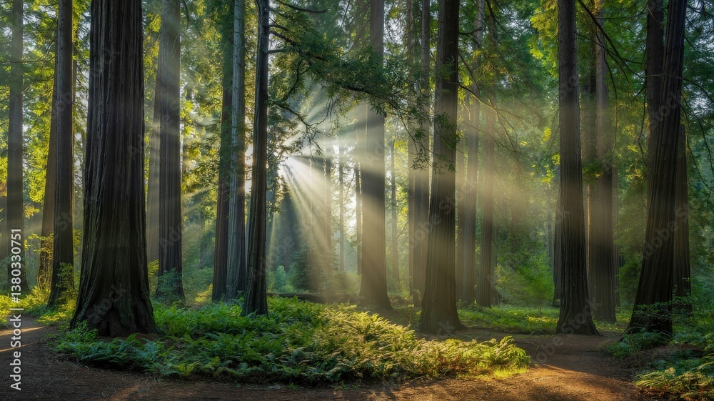 Fototapeta premium Serene Sunlight Streaming Through Towering Redwood Trees in Forest