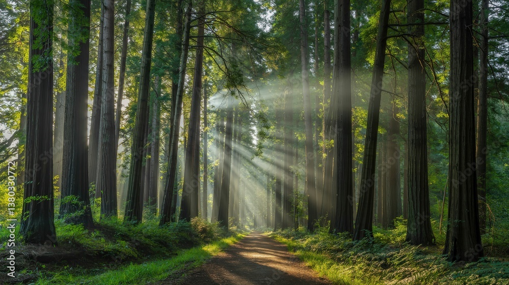 Fototapeta premium Sunlight Filtering Through Tall Trees in a Serene Forest Scene