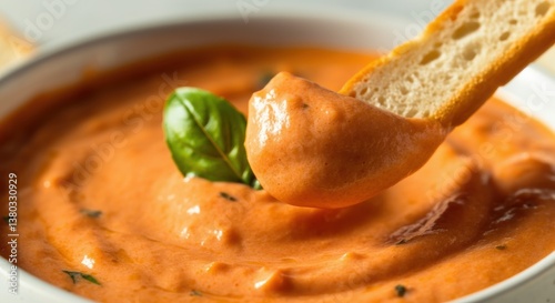 Creamy tomato basil dip with breadstick garnish
