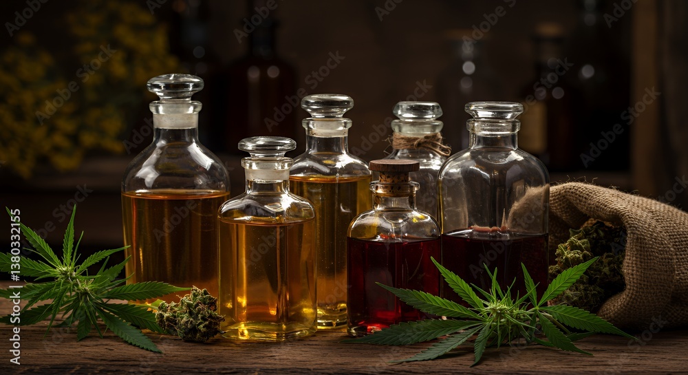 Antique Glass Apothecary Bottles with Amber and Red Liquids on Rustic Wood Antique Glass Apothecary Bottles with Amber and Red Liquids on Rustic Wood