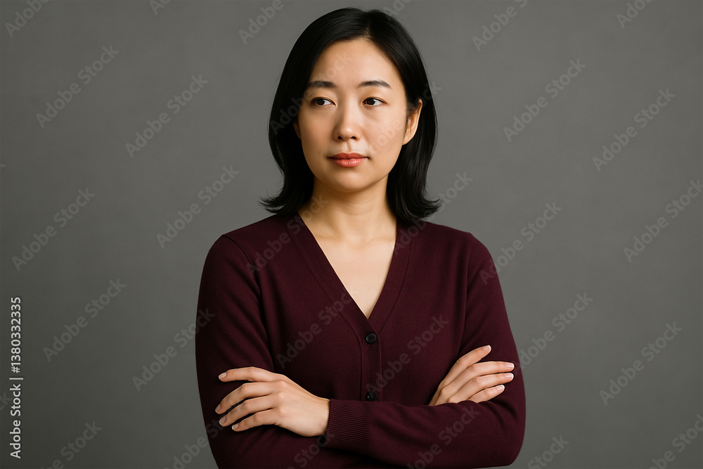 ダークカーディガンと腕組みで知的に佇む女性のスタジオ撮影 ダークカーディガンと腕組みで知的に佇む女性のスタジオ撮影