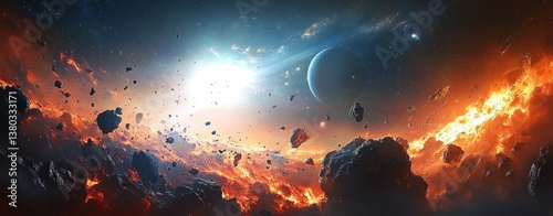 Asteroid Field Explosion with Fiery Magma and God Rays in Cosmic Space