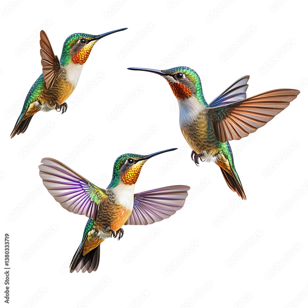 Fototapeta premium Hummingbirds in Flight Isolated on White Background (Transparent PNG)