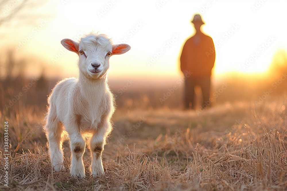 Obraz premium Young Goat with Farmer in Rustic Countryside Scene Enjoying Autumn Sunlight