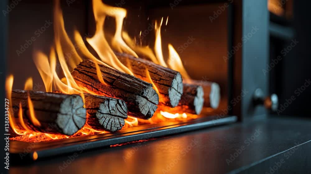Eco-friendly compressed wood briquettes create a warm, welcoming fire in a contemporary stove, highlighting sustainable heating and a cozy atmosphere for every home.