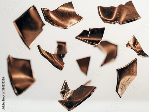 A striking composition of shattered bronze metal shards hovering in mid-air, with sharp focus on the glossy reflections