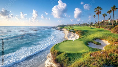 Oceanside golf course on a sunny day. Lush green fairways meet the turquoise sea, creating a stunning coastal landscape.