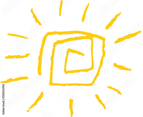 Cute yellow sun with spiral like kid drawing. Painted with pastel crayons or wax pencil sunny icon. Summer sky symbol. Rough chalk texture vector illustration in children style. Collage element