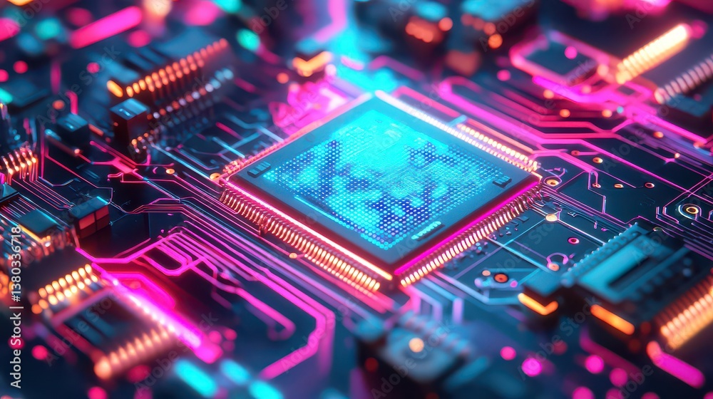 Fototapeta premium High-tech AI semiconductor with cybernetic patterns and electric pulses illuminating the surface.