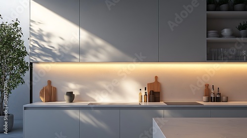 Modern kitchen corner with tall vertical cabinets reaching the ceiling, matte white finish, built-in shelving on side walls, compact countertop space, soft daylight highlighting clean surfaces.