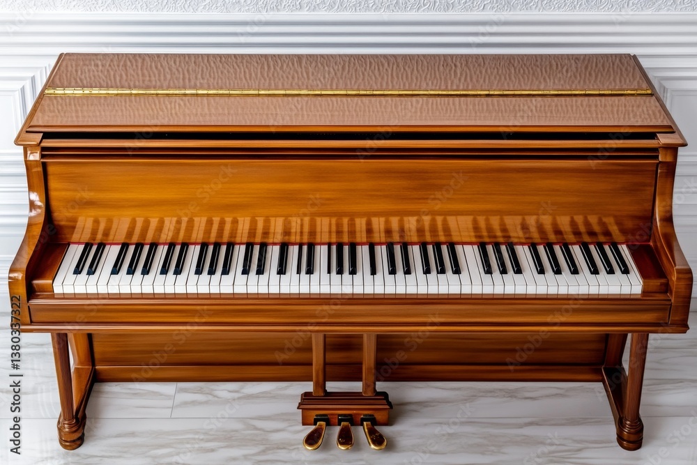 Fototapeta premium A grand piano inside one of PeleÈ™ Castle luxurious salons, bathed in golden sunlight