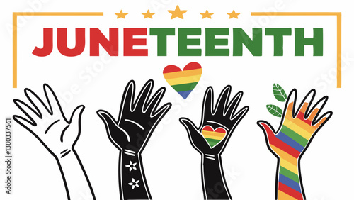 Juneteenth Unity Graphic with Raised Hands, Rainbow Heart, and Peace Symbols.