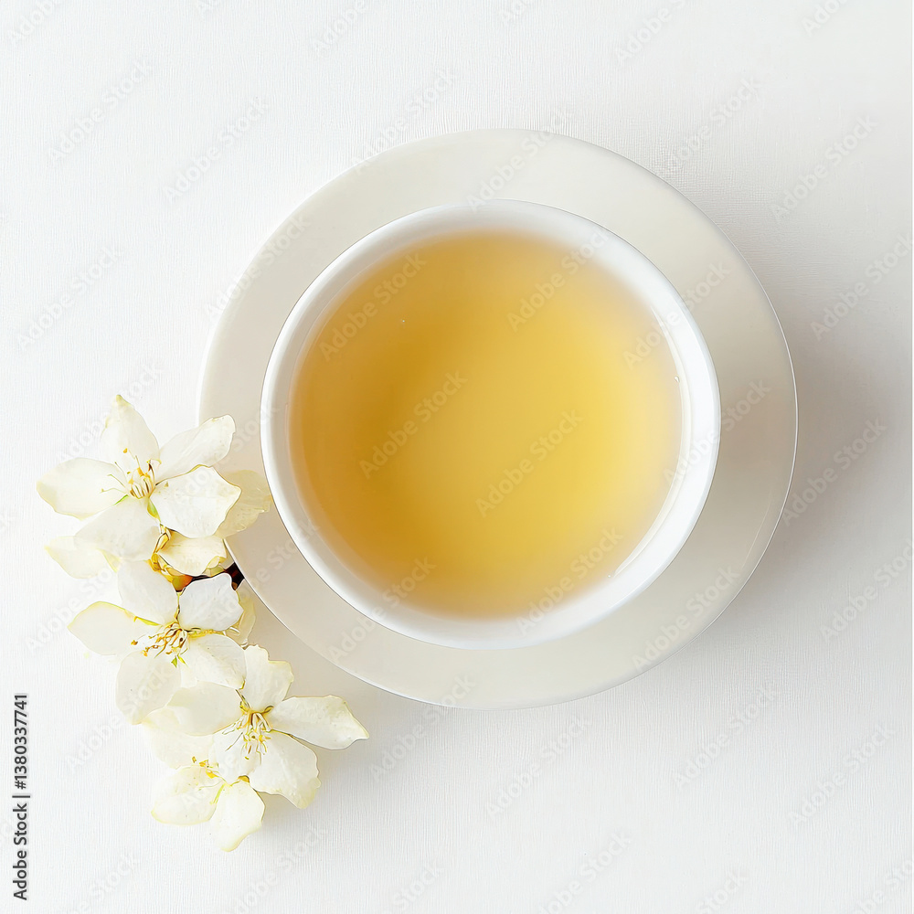 Taza blanca de ceramica vita desde arriba con té dorado de jazmin y decoraciones de flores de jazmin con fondo blanco y espacio vacio Taza blanca de ceramica vita desde arriba con té dorado de jazmin y decoraciones de flores de jazmin con fondo blanco y espacio vacio