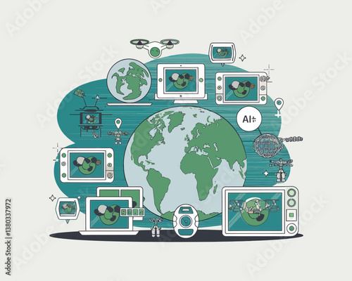 vector illustrative poster that celebrates global communication technology . Showcase a world travel by advanced communication systems.
