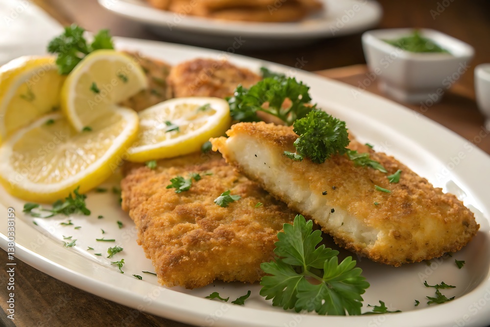 Crispy Fried Fish Lemon Slices Parsley Garnish Delicious Meal, Crispy Fried Fish Lemon Slices Parsley Garnish Delicious Meal,
