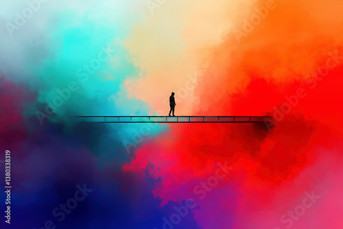 Silhouette on a Narrow Bridge Surrounded by Colorful Dynamic Clouds

