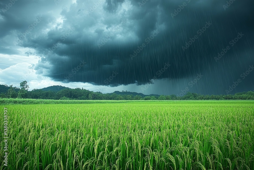 Dramatic Rainstorm Over Lush Rice Paddy
