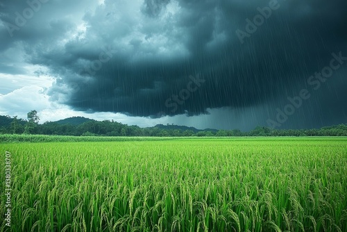 Obraz na płótnie Dramatic Rainstorm Over Lush Rice Paddy w salonie