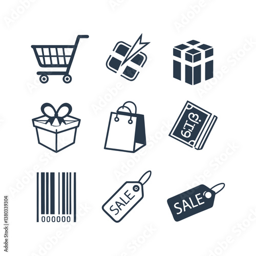 Set of icons related to shopping, e-commerce, gifts, supermarket, sale. Collection of solid icons.