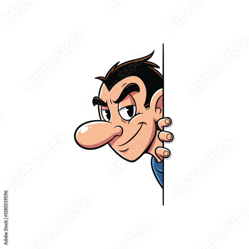 Cartoon Man Peeking Vector - Smiling Face with Side View