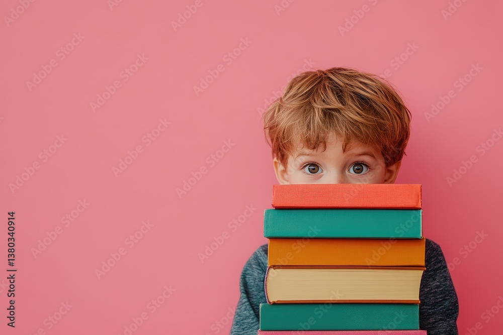 Child holding stack of colorful books against pink background Child holding stack of colorful books against pink background