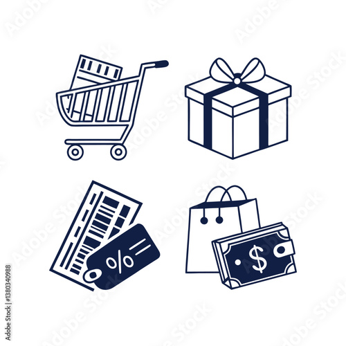 Set of icons related to shopping, e-commerce, gifts, supermarket, sale. Collection of solid icons.