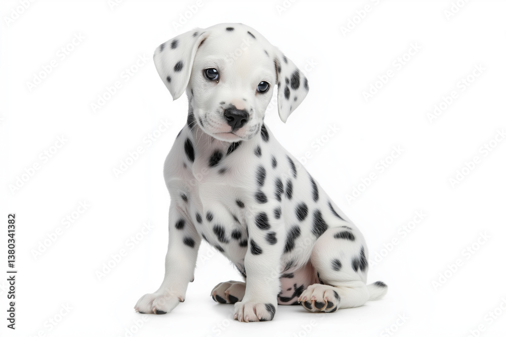 Dalmatian puppy sitting in cute pose, showcasing its distinctive black spots on white coat. This adorable puppy exudes charm and playfulness, making it delightful subject for pet lovers Dalmatian puppy sitting in cute pose, showcasing its distinctive black spots on white coat. This adorable puppy exudes charm and playfulness, making it delightful subject for pet lovers