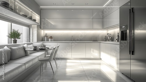 Polished kitchen nook in grayscale theme  flush-mounted stainless steel appliances  clean white shelving  minimalist light fixtures  and neutral tiled floor.