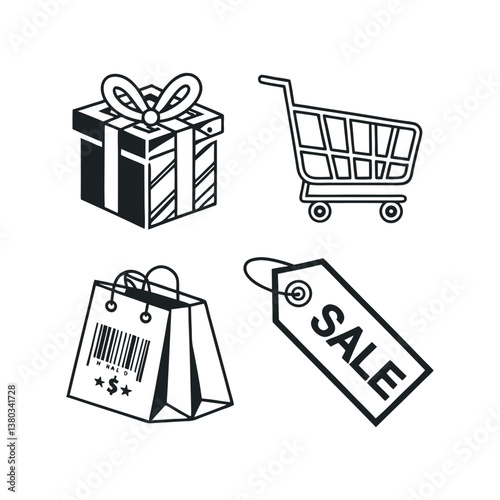 Set of icons related to shopping, e-commerce, gifts, supermarket, sale. Collection of solid icons.
