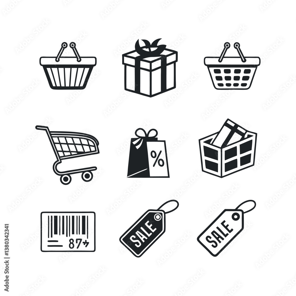 Set of icons related to shopping, e-commerce, gifts, supermarket, sale. Collection of solid icons. Set of icons related to shopping, e-commerce, gifts, supermarket, sale. Collection of solid icons.