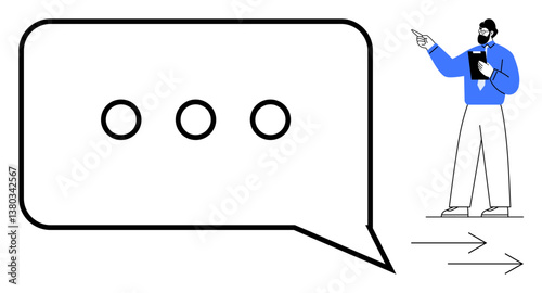 Man pointing while holding a notebook, adjacent to a large speech bubble with three dots, suggests conversation, communication, feedback, collaboration, guidance, decision-making, modern messaging