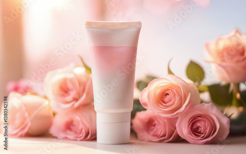 blank cosmetic cream bottle on bokeh background and roses, mockup