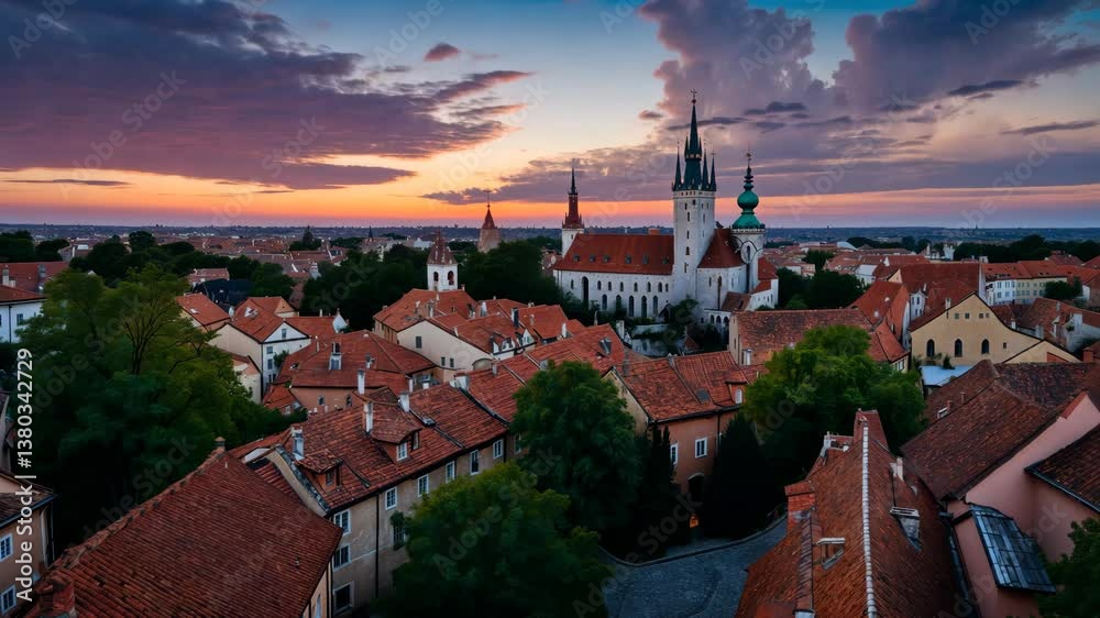 Aerial view of the old town skyline at a stunning sunrise.