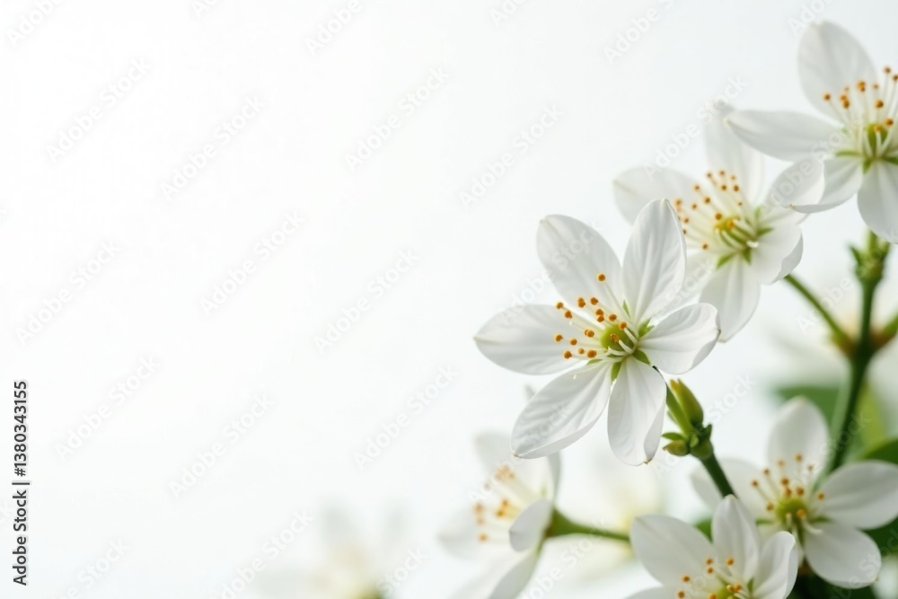 Delicate white blossoms against pure white backdrop, close-up, freshness Delicate white blossoms against pure white backdrop, close-up, freshness