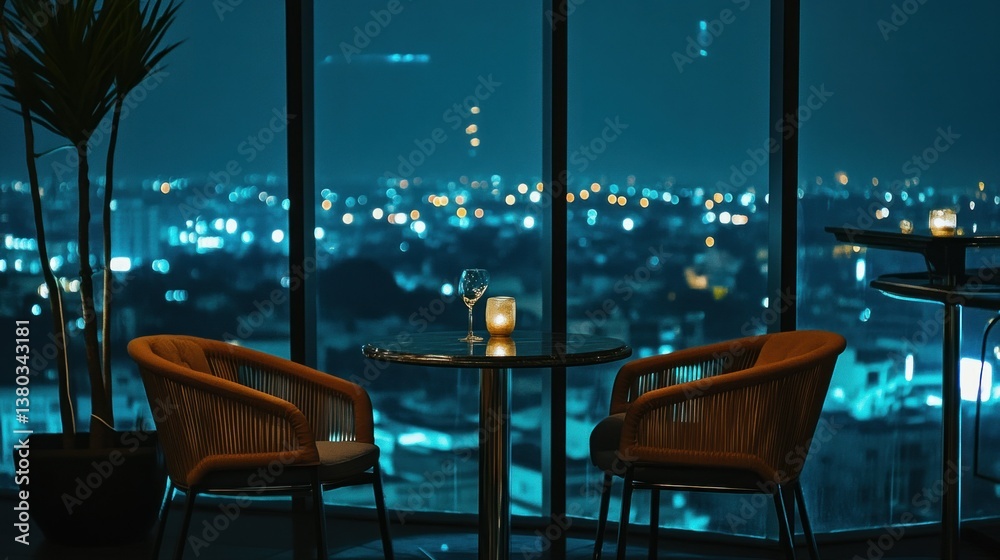 Fototapeta premium Two chairs facing a table with city lights in background