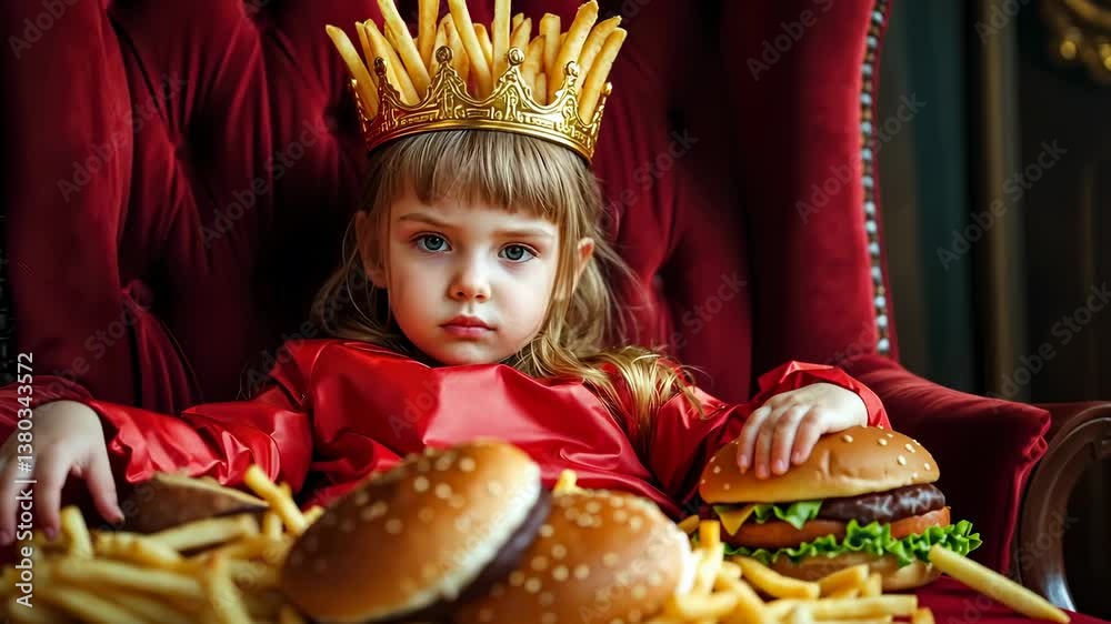 little girl queen with french fries crown sitting on red throne surrounded by burgers	