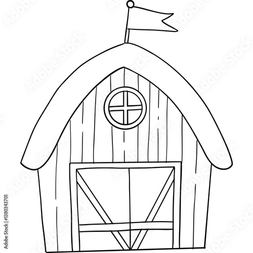 Farm theme, Drawing of a barn with a flag atop its roof and a circular window. Outline for coloring .