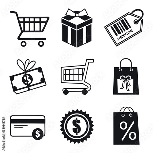 Set of icons related to shopping, e-commerce, gifts, supermarket, sale. Collection of solid icons.