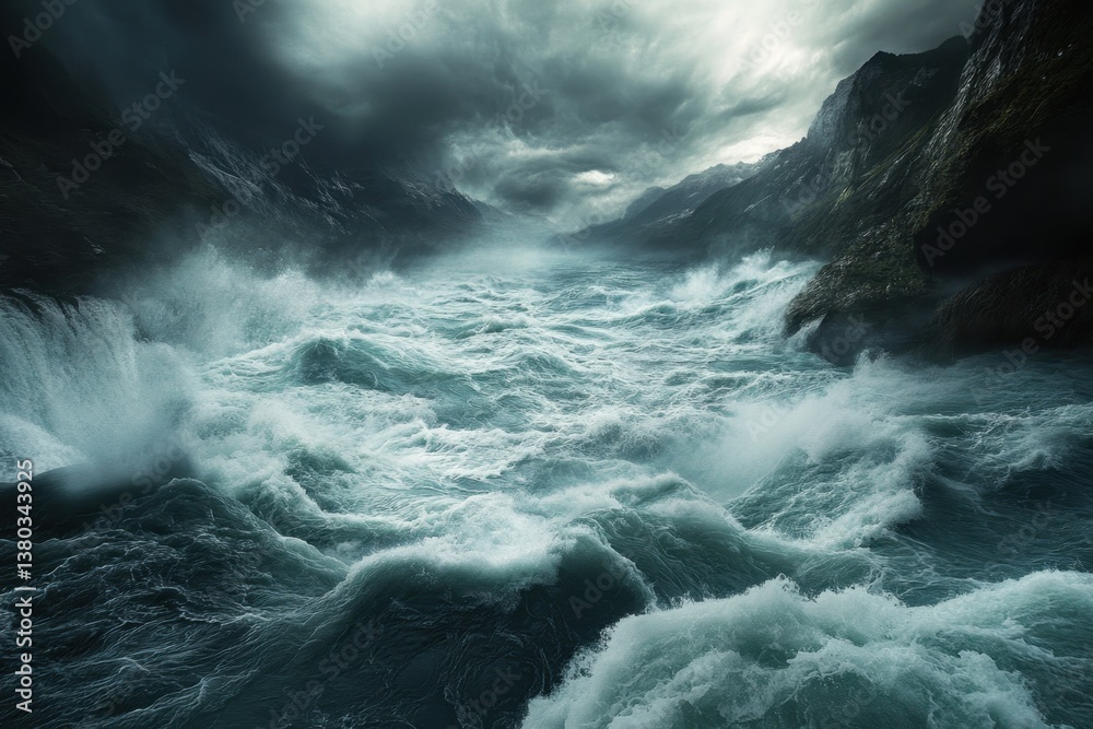 Stormy sea with turbulent waves crashing against rugged cliffs in a dramatic landscape during dusk