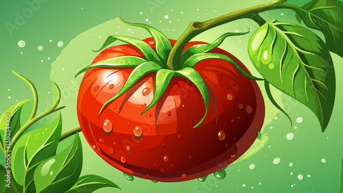 Close-up of a dew-kissed tomato on the vine, vibrant red against a soft green background
