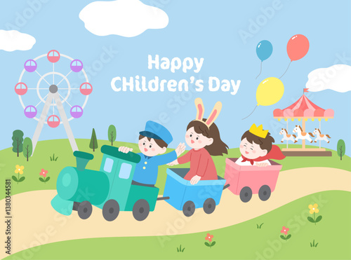 장난감 기차와 즐거운 어린이들 그리고 배경에 관람차와 회전목마