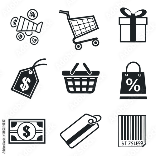 Set of icons related to shopping, e-commerce, gifts, supermarket, sale. Collection of solid icons.