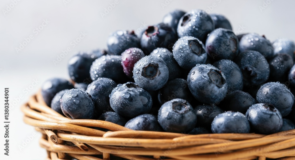 Fresh ripe blueberries in wicker basket with water droplets Fresh ripe blueberries in wicker basket with water droplets
