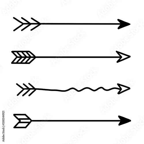 A set of four straight and subtly wavy solid arrows with feathered tails, representing guidance, precision, and different levels of movement flow.