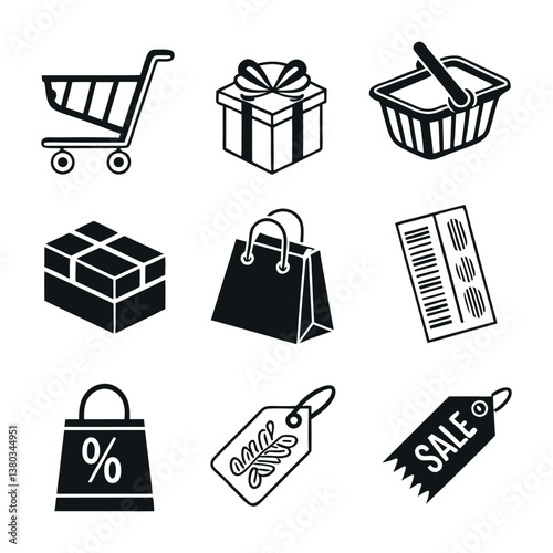 Set of icons related to shopping, e-commerce, gifts, supermarket, sale. Collection of solid icons.