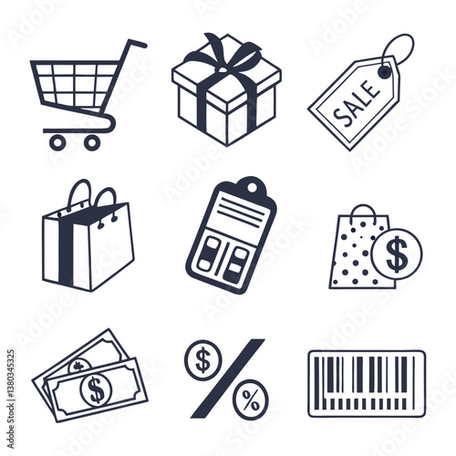 Set of icons related to shopping, e-commerce, gifts, supermarket, sale. Collection of solid icons.