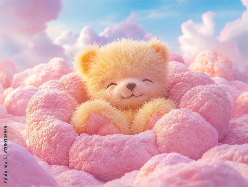 Fototapeta premium Sweet Teddy Bear Dreaming in Pastel Pink Cloudscape