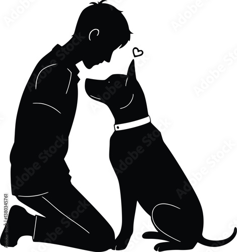Kneeling figure gazing at loyal dog, silhouetted in mutual affection