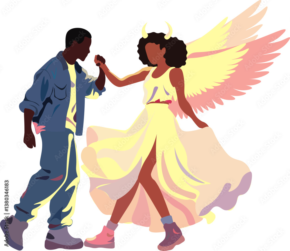 Fototapeta premium girl and guy dancing, girl with wings and horns